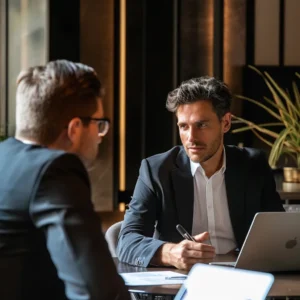 a professional coach working one-on-one with a corporate executive in a small bureau.